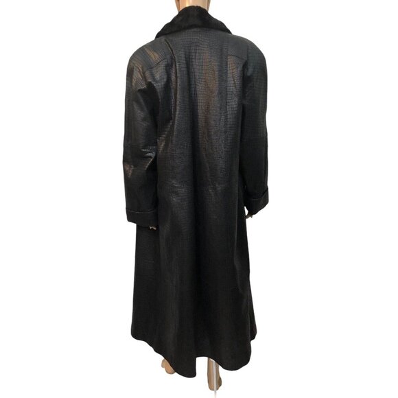 SOLD Vintage 1990s Black Leather Fur Collar Reptile Alligator Trench Coat - Picture 6 of 16